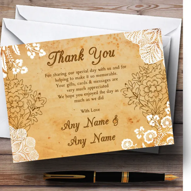 Shabby Chic Rustic Vintage Lace Personalised Wedding Thank You Cards