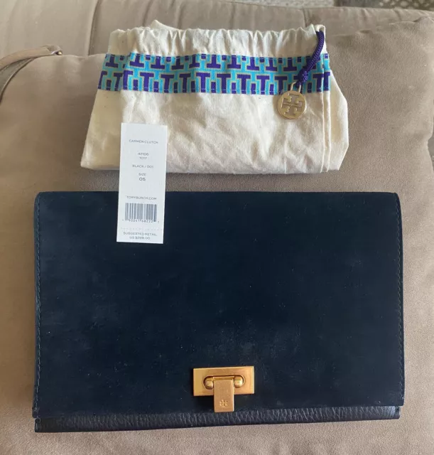 NWT Tory Burch Suede And Leather Carmen Clutch Bag Black