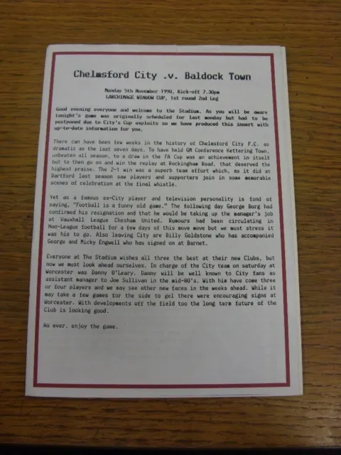 05/11/1990 Chelmsford City v Baldock Town [Southern League Cup] [Programme Dated
