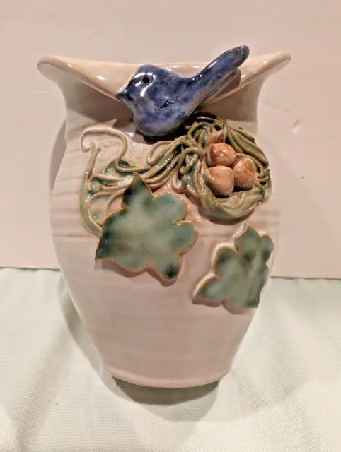 Vtg Blue Bird Nest Leaves Wall Pocket  Ceramic Pottery  Vase  5" Ribbon Hanger