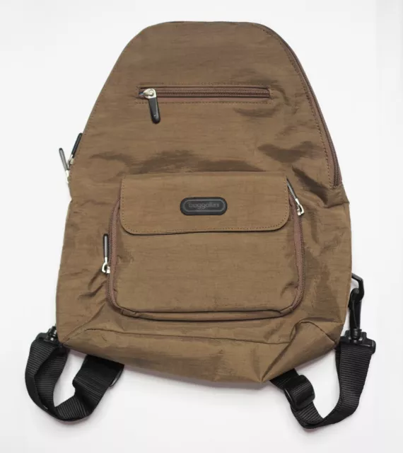 BAGGALLINI Backpack Convertible Sling Bag Nylon Travel Brown 12" Small Mini Tan