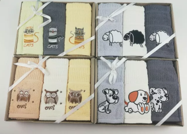 3 Pack Kitchen Hand Tea Towels Embroidered Animals Quality 100% Cotton Gift Box