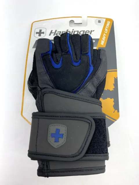 Harbinger Mens Tech Gel Weightlifting Gloves S Black Blue Wrist Wrap 125012