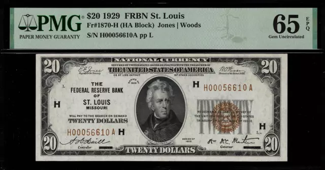 1929 $20 Federal Reserve Bank Note - St. Louis - FR.1870-H - Graded PMG 65 EPQ