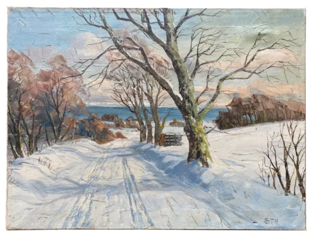 Vintage Oil on Canvas 'Tracks in the Snow' Danish Impressionist c1950