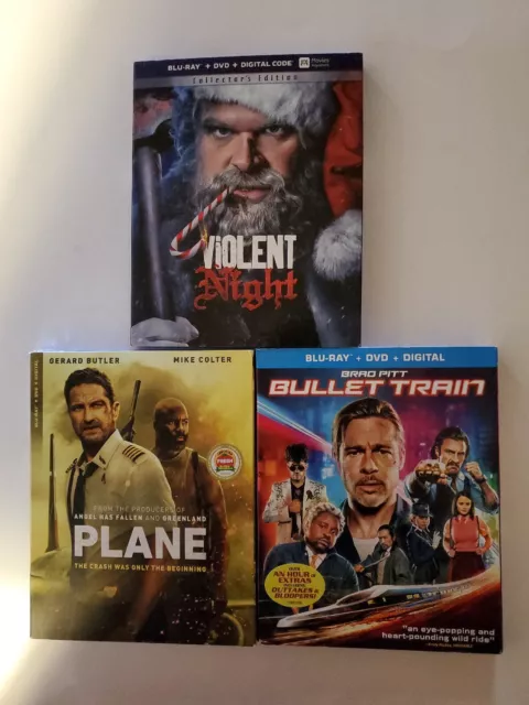 3 Blu-Ray Movie Lot, Violent Night + Plane +Bullet Train+ Dvds W/Slipcovers,