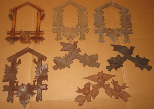 Mixed Lot of 7 Vintage Wood Cuckoo Clock Parts Top Topper & Decorative Frames