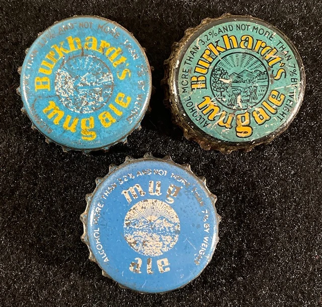 3 Burkhardt's Mug Ale Cork Lined Beer Bottle Cap ~ Akron Ohio Vintage Crowns Old