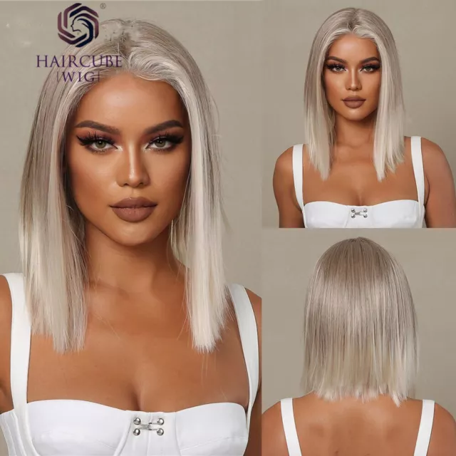 Light Blonde Platinum Lace Front Synthetic Wigs Short Straight Bobo Wigs