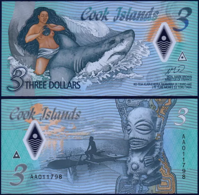 Cook Islands - New - $3 2021 Naked Ina & shark POLYMER - First Prefix AA Gem UNC