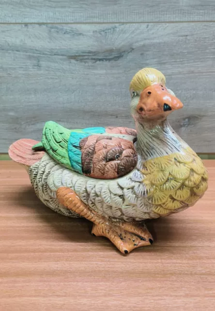 Ceramic Trinket Box Hand Painted Duck Ornament With Lid Vintage Rare Collectable