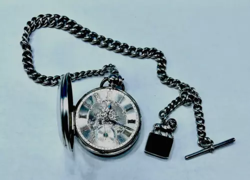 Antique 1863 Sterling Silver Fusee Pocket Watch & Graduated Heavy Albert/Fob 2