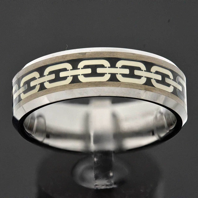 8mm Tungsten Carbide Band Bevel Edge White Celtic Knot Inlay Men's Wedding Ring