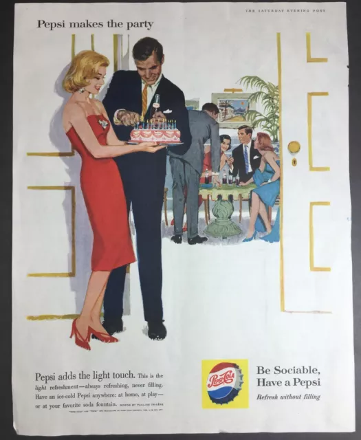 Vintage 1960 PEPSI BIRTHDAY PARTY Print Ad Advertisement 1960's Cake celebration