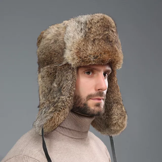 Mens Winter Real Genuine Rabbit Fur Hat Russia Trapper Earflap Ski Cap Ushanka