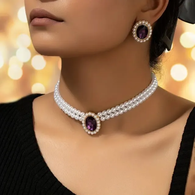 Purple Vintage Luxury Emerald Stud Earrings & Faux Pearl Choker Necklace Set