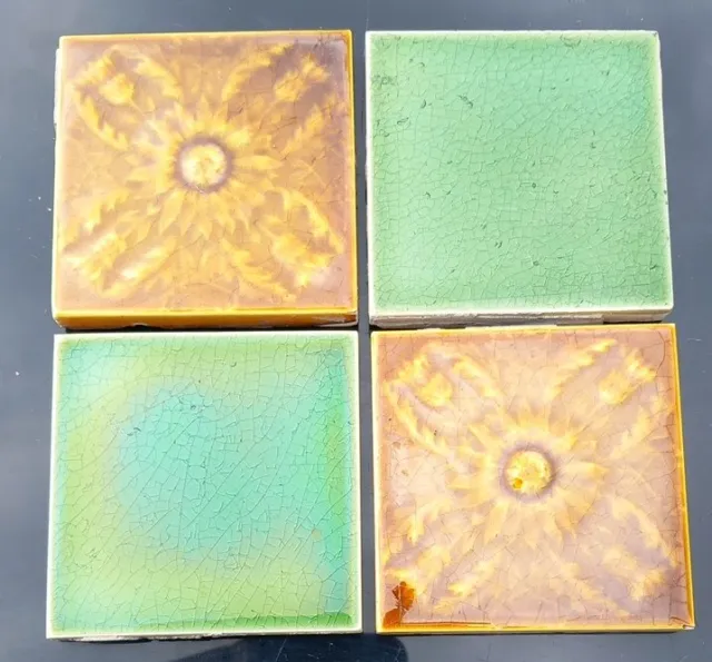 Vintage Pilkington Tiles X 4 Retro Yellow Flower /green1960s Tiles 7.9cm .