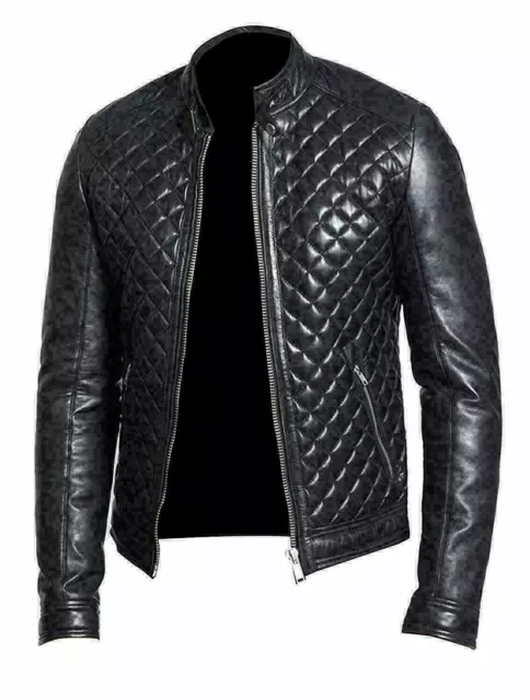 New Men's Quilted Motorcycle Black Genuine Lambskin Leather Biker Jacket