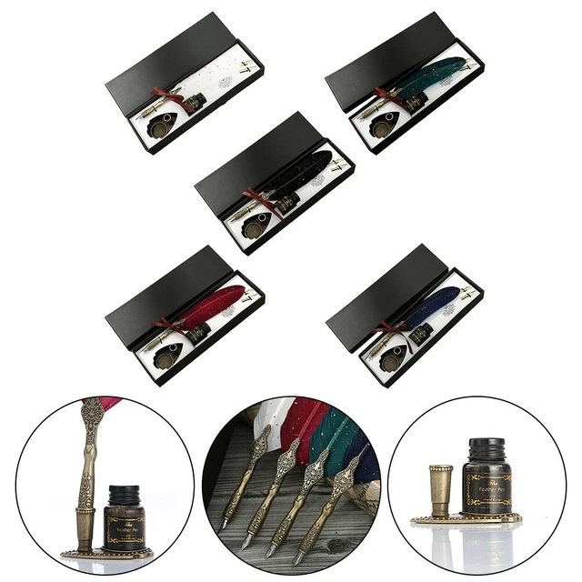 TRADITIONAL VINTAGE QUILL Pen Set with Feather Dip Fountain Pen and Ink ...
