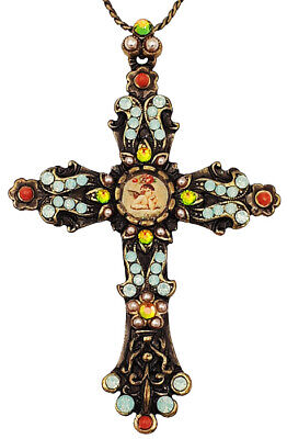 Michal Negrin Cross Necklace Green Pearl Coral Crystal Angel Crucifix Pendant