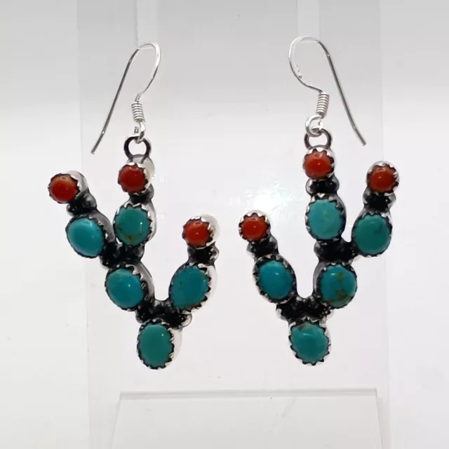 Southwestern Turquoise Coral Prickly Pear Cactus Earrings Sterling Silver