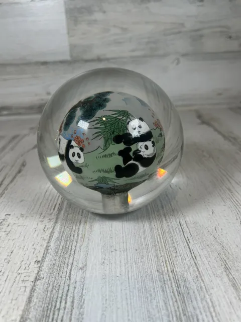 Chinese Panda Bears Reverse Painted Art Glass 4" Globe Crystal Ball Paperweight