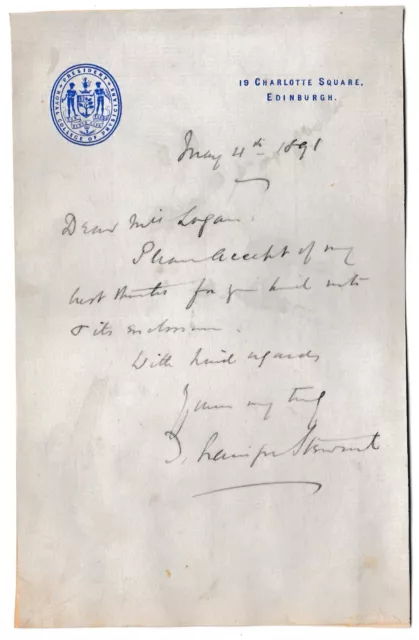 Sir Thomas Grainger Stewart - very eminent Scottish physician - 1891 letter