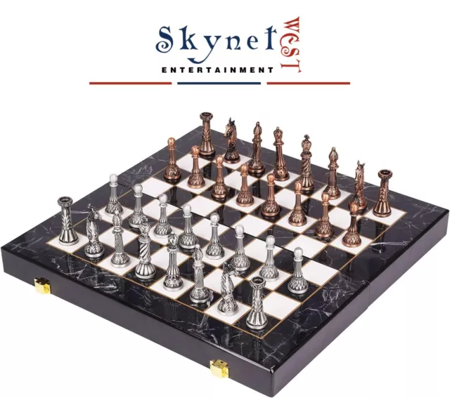 38cm Retro Metal Chess Set Marbling Chess Board & Metal Pieces