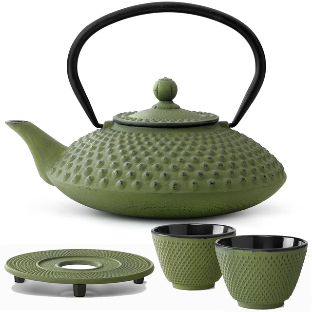 Asia Tee Set Gusseisen asiatisch Teekanne Teesieb Becher Untersetzer 1,25 L grün