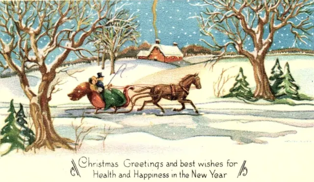 1933 Christmas Greetings Horse Drawn Sleigh Ride Snow Scene Greeting Card 40-93