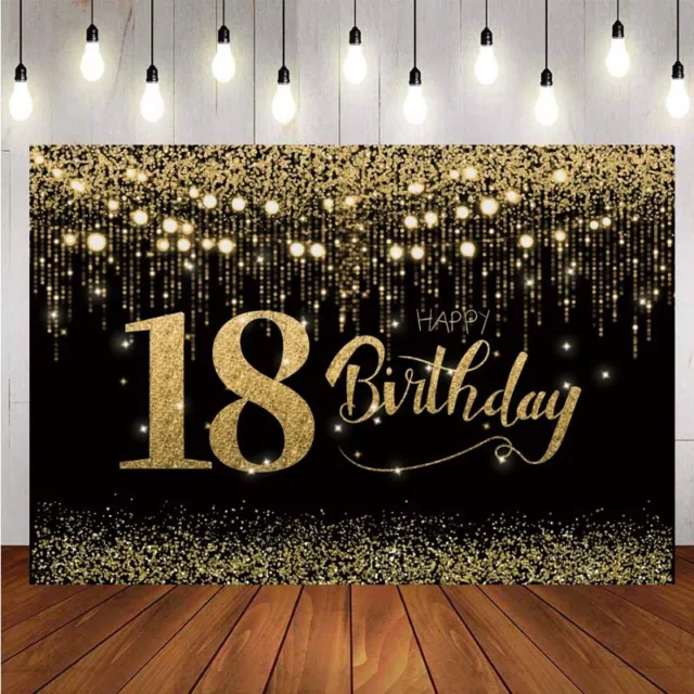 18th Backdrop Black Gold Glitter Happy Birthday Party Photo Background Banner