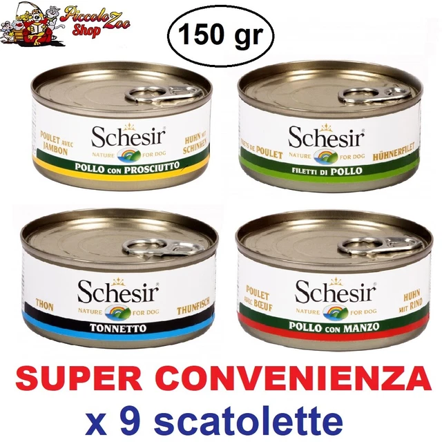 Schesir 9 SCATOLETTE da 150g ciascuna, cibo umido cane pollo, tonno, manzo...