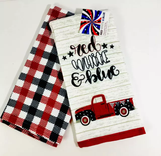 Patriotic Kitchen Dish Towels Red White Blue Check Vintage Red Truck Americana