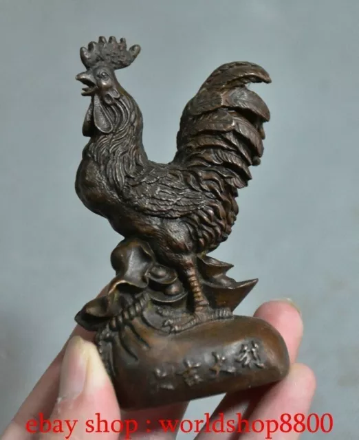 3.6" Rare Old Chinese Red Copper Feng Shui Yuan Bao Wealth Fowl Chicken Statue