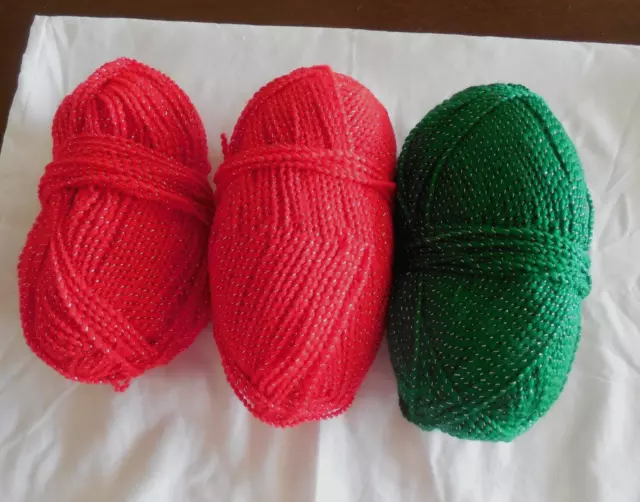 Christmas Glitter Yarn Red & Green with Silver Thread 3 Skeins