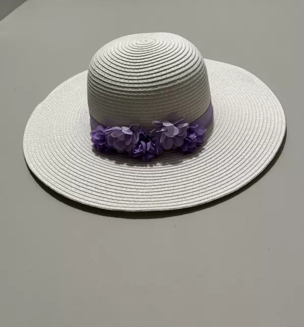 NWOT Gymboree Girls White Sun Easter Hat Purple Flowers Size 10-12