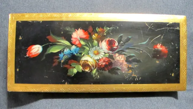 Vintage Florentine hand painted flowers bouquet large wood jewelry trinket box