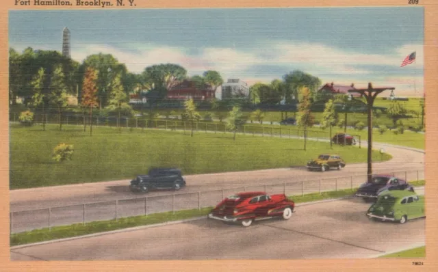 Fort Hamilton Brooklyn New York Classic Cars Automobile Vintage Linen Post Card
