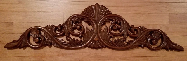 Large Ornate Wood Carved Leaf & Scroll Pediment 35" Dark Wood Stain
