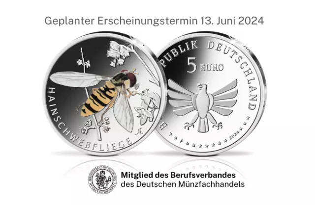 5 Euro Münze Hainschwebfliege 5€ Stgl 2024 VORVERKAUF Koloriert Stempelglanz F