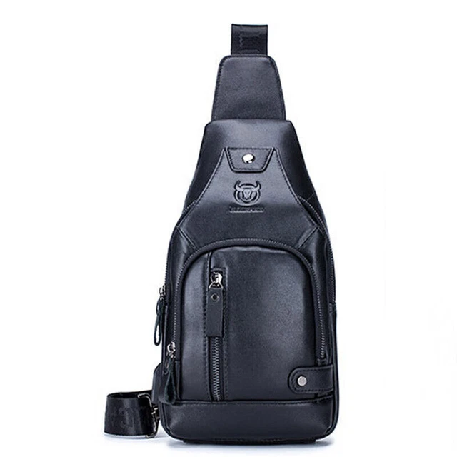 Men Genuine Leather Sling Backpack with USB Multi-pocket Chest Bag Hiking Travel