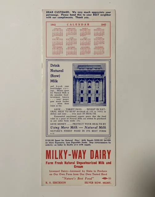 1940s Silver Bow Montana Milky Way Dairy Ink Blotter 1943 Calendar milk cream ad