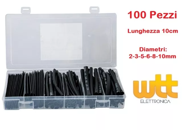 Kit GUAINA TERMORESTRINGENTE NERA DIAMETRI 2-3-5-6-8-10mm (100pz da 10cm)