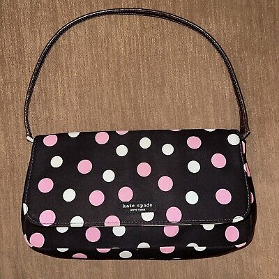 Kate Spade Brown Clutch SMALL Handbag Purse Pink Cream Polka Dots Leather Strap
