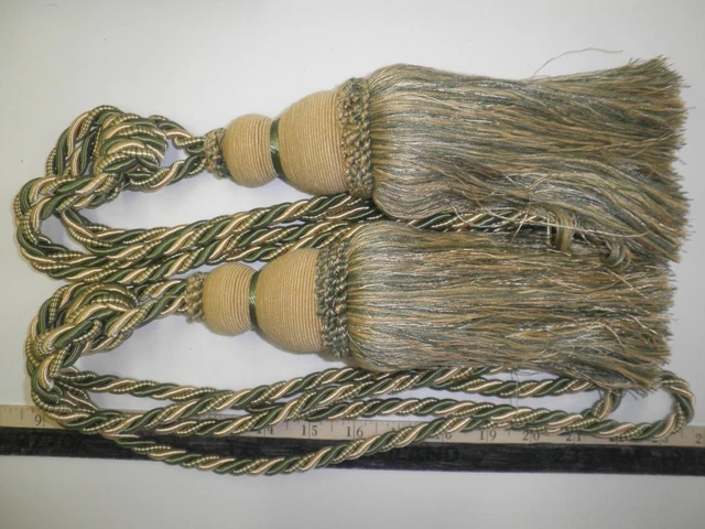 2   DRAPERY TIE-BACKS  w/ 10" Tassel  GREEN/PALE YELLOW CREAM  Fabric Trim BC
