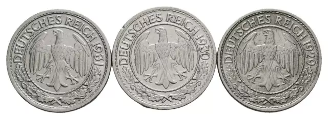MGS WEIMAR 3x 50 Reichspfennig 1929+1930+1931 A vz+ 2