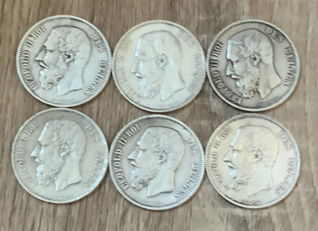 Lot De 6 Pieces De 5 Francs Leopold Ii Ttb