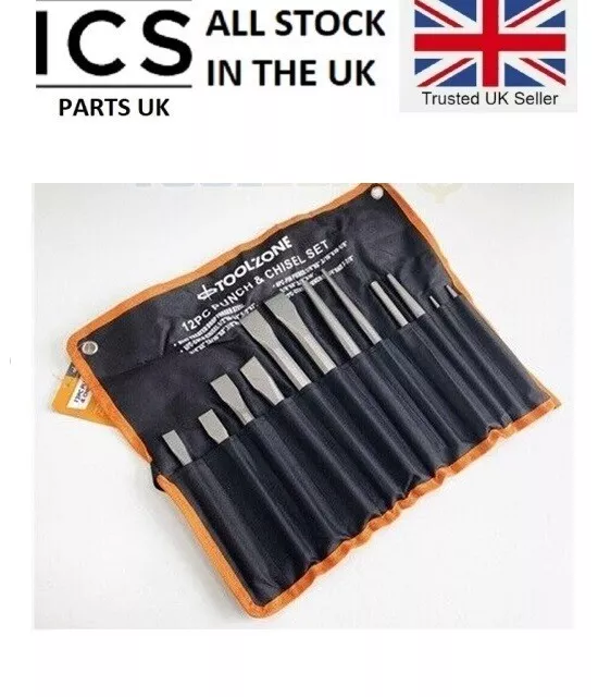 12Pc Cold Punch & Chisels Set In Tool Roll Centre Taper & Parallel Pin Punches