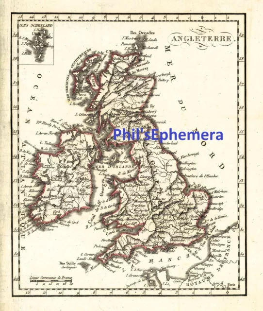 1819 United Kingdom & Ireland Antique French Map Reproduction 13.25" x 11.5"