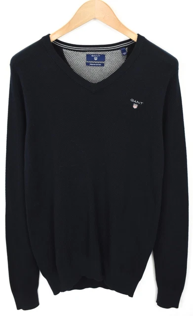 Gant Premium Cotton Maglione Uomo Piccolo Pullover Waffle Maglia Scollo A V Blu
